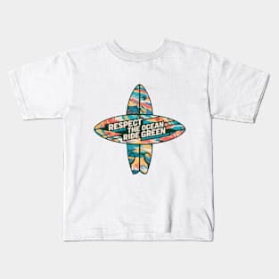 Respect the ocean, ride green surf board design Kids T-Shirt